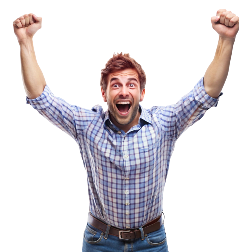 Enthusiastic man showing joy and triumph, cheering with fists up, isolated on white png