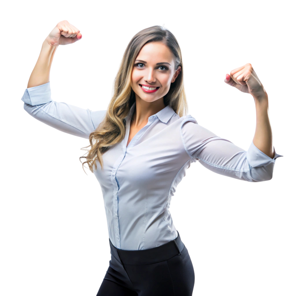 Empowered businesswoman with a winning smile, flexing arms in a powerful gesture of confidence and strength png