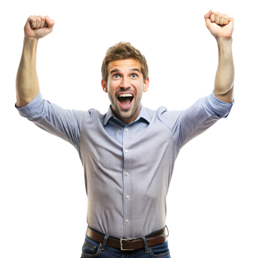 Happy and victorious man raising fists in celebration of a great achievement, against a Transparent Background png