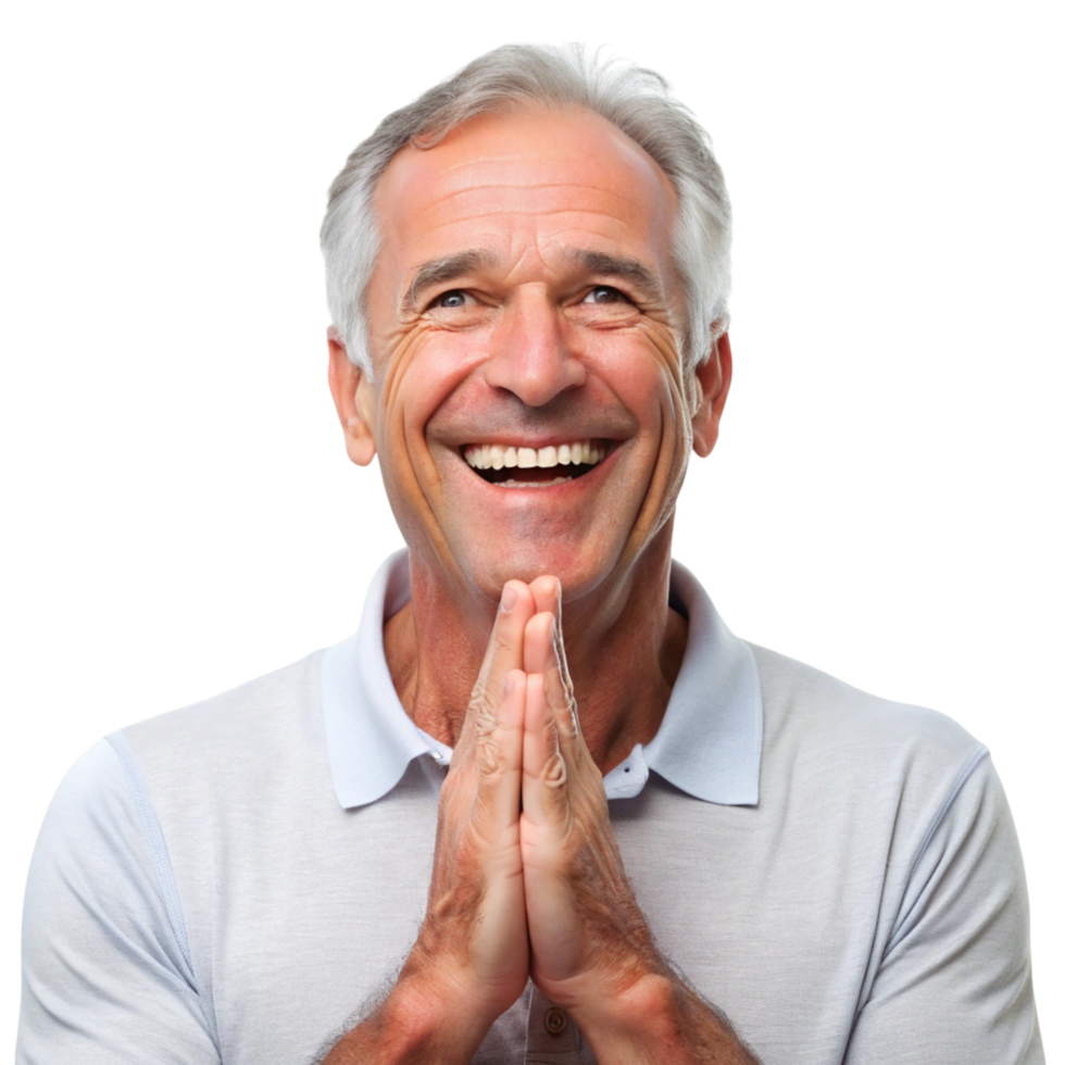 Happy man showing appreciation with a bright smile, hands together in a prayer like position on a plain Transparent Background png