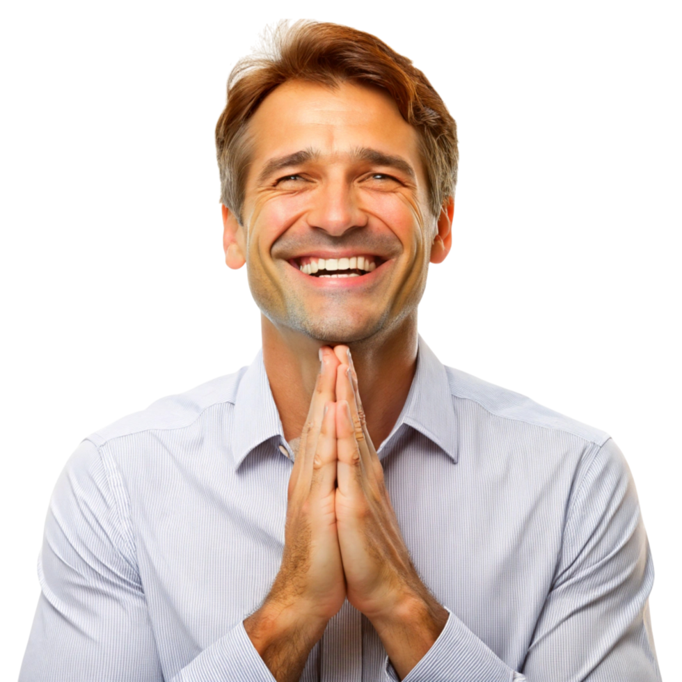 Grateful businessman smiling with hands together in an appreciative gesture on an isolated Transparent Background png