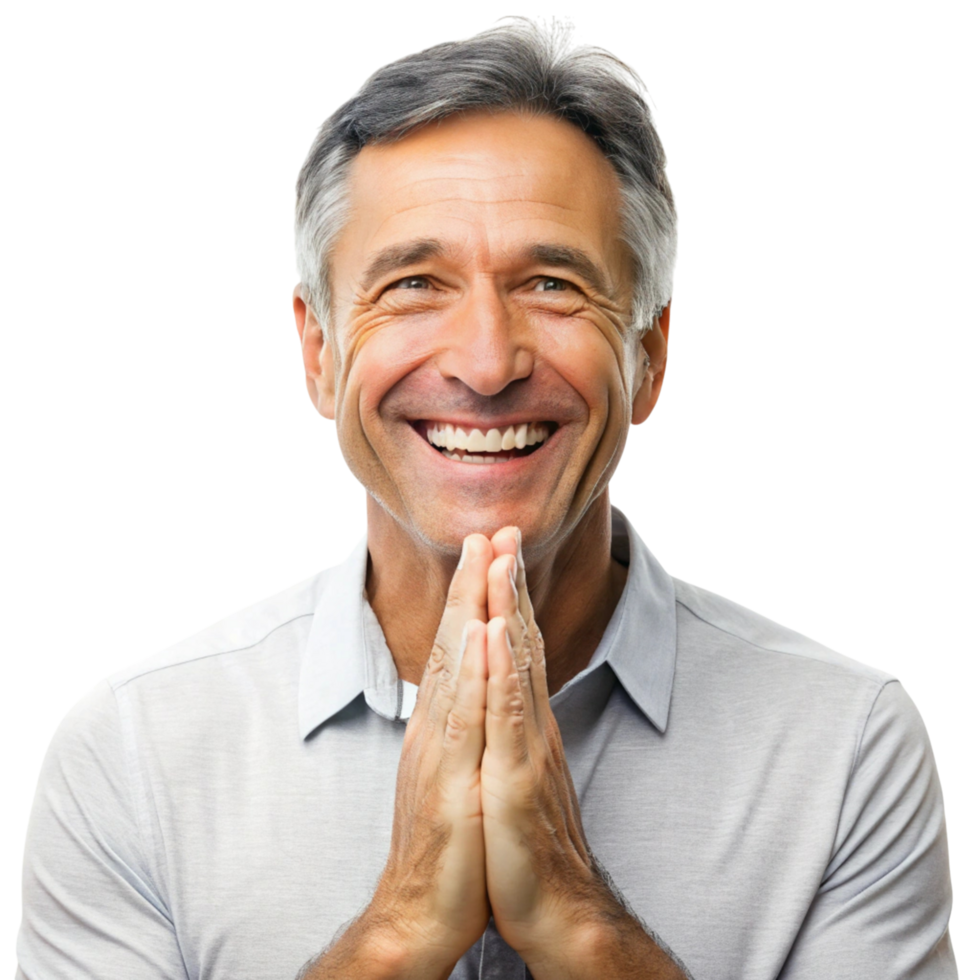Middle aged man expressing gratitude with a joyful smile and clasped hands in a studio Transparent Background png