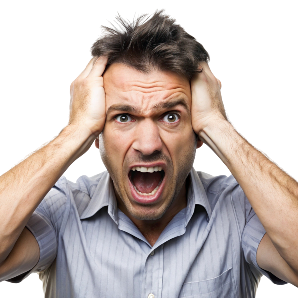 Professional businessman expressing intense frustration with hands on head, isolated on Transparent Background png