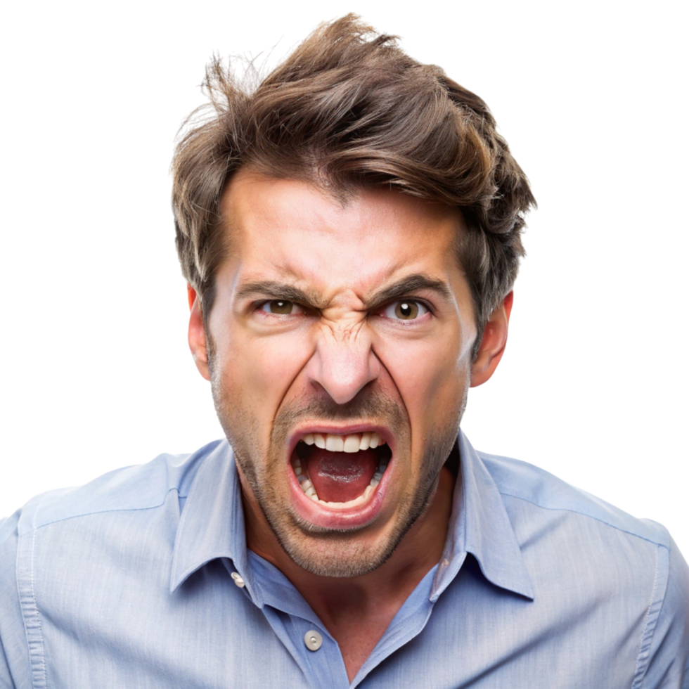 Close up of a businessman displaying extreme frustration and emotional tension, isolated against a clean Transparent Background png