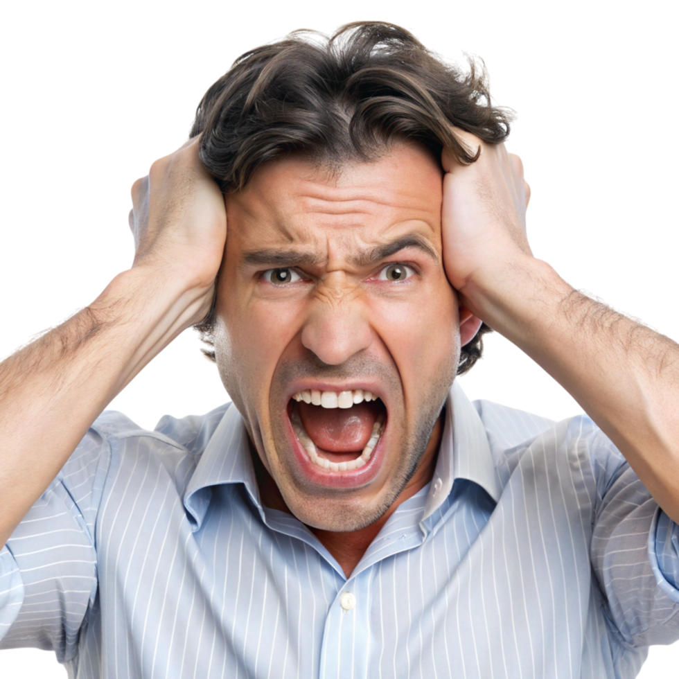 Stressed man in business attire screaming in frustration and anger, experiencing overwhelming emotions png