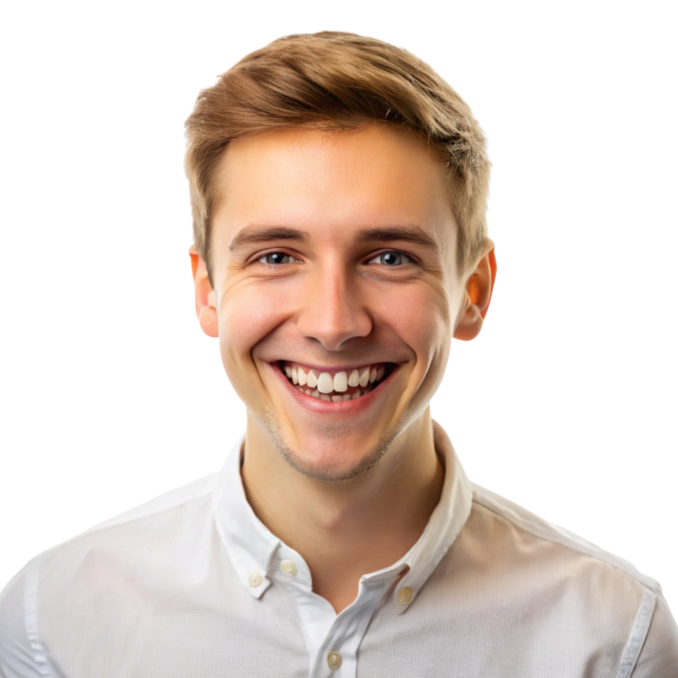Joyful young man wearing a button up shirt, expressing positive emotions with a broad smile on an isolated background png