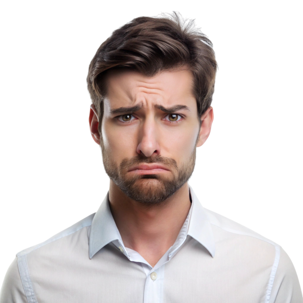 Upset young male with furrowed brows and tense posture, representing emotional distress in a minimalist setting png
