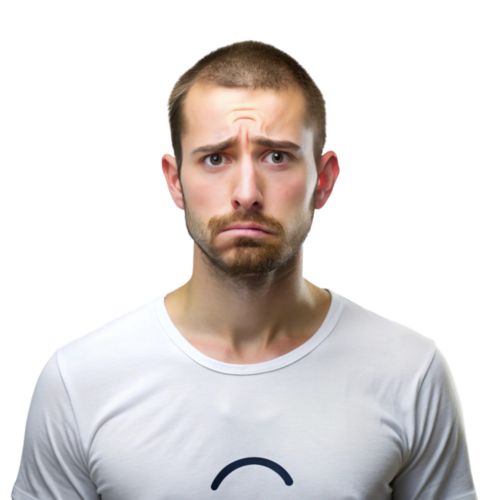 Portrait of a young man looking worried and reflective, symbolizing sadness, contemplation, and vulnerability png