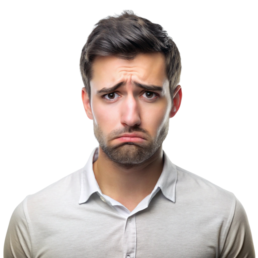 Young man expressing deep sadness with a thoughtful look, sitting in a casual outfit on a plain background png
