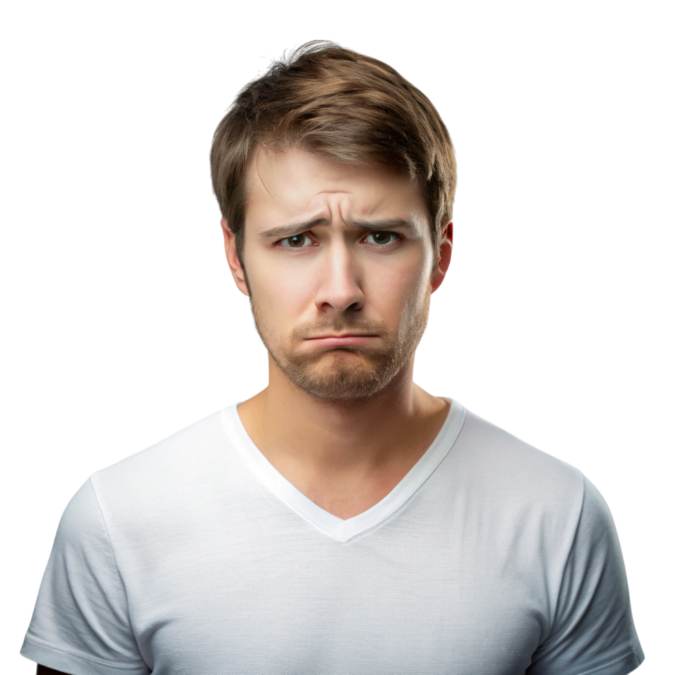 Depressed young man sitting with head in hands, conveying emotional stress and sadness in a neutral setting png