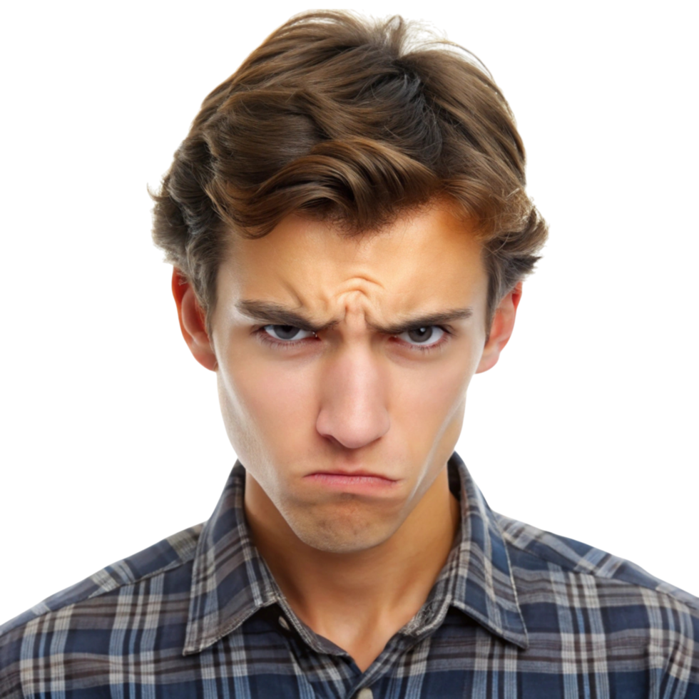 Frustrated man glaring with an angry, tense expression, clearly showing feelings of jealousy and dissatisfaction png