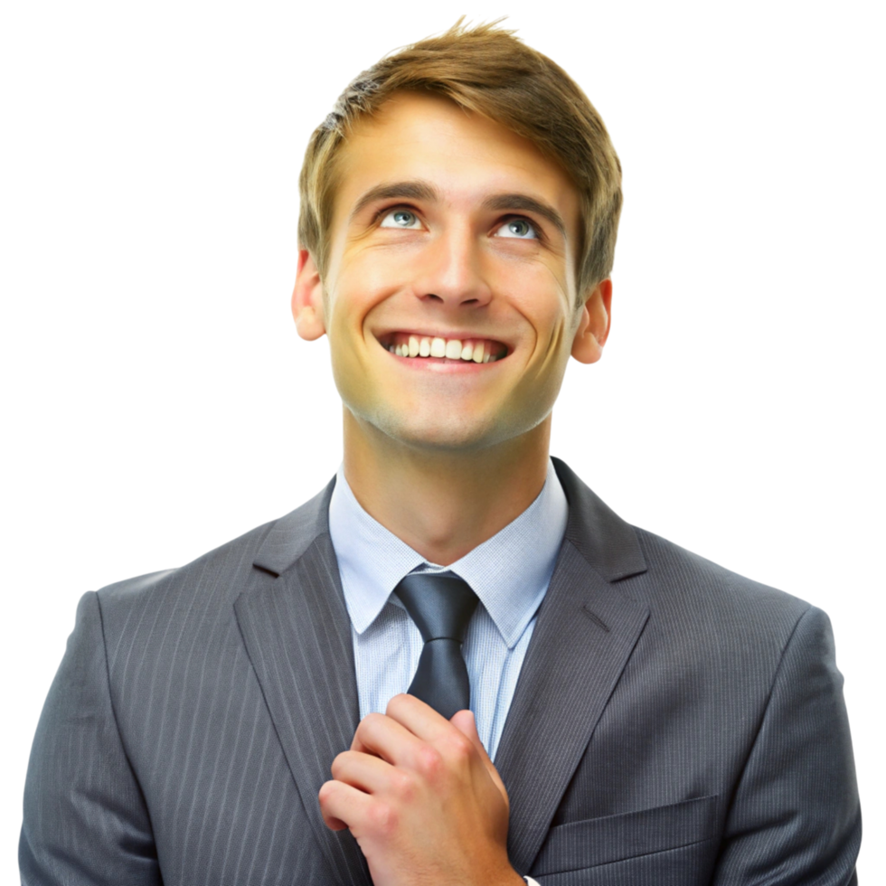 Successful man expressing joy and accomplishment with arms raised high celebrating professional success png
