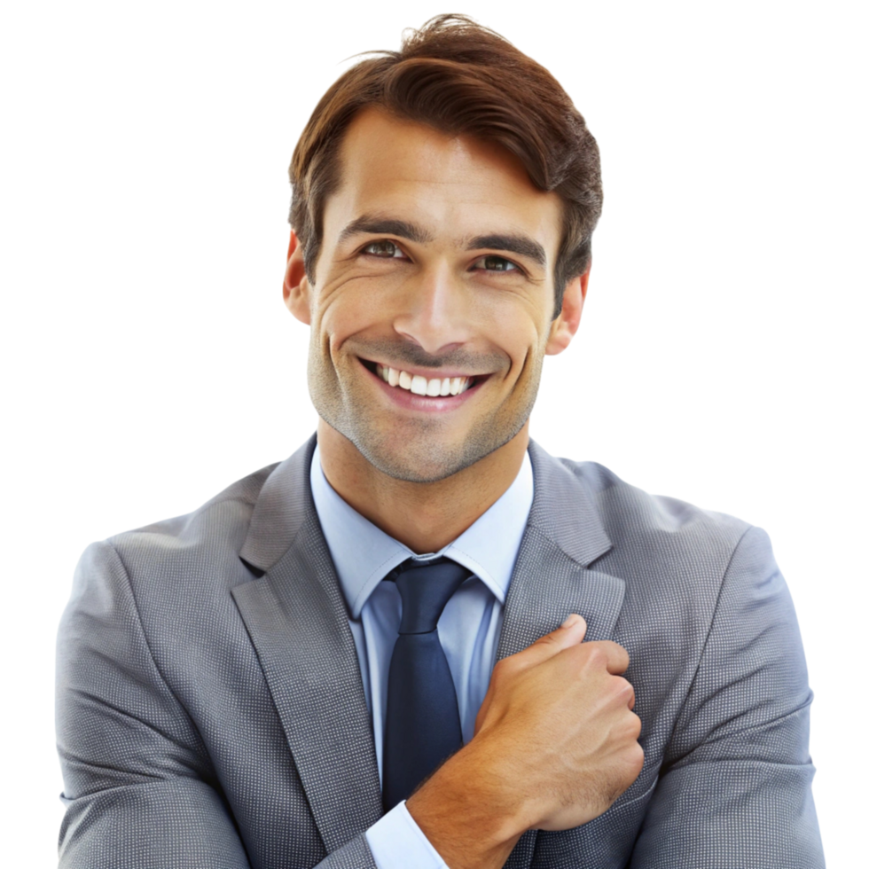 Excited businessman smiling and expressing happiness with arms raised in celebration isolated on Transparent Background png