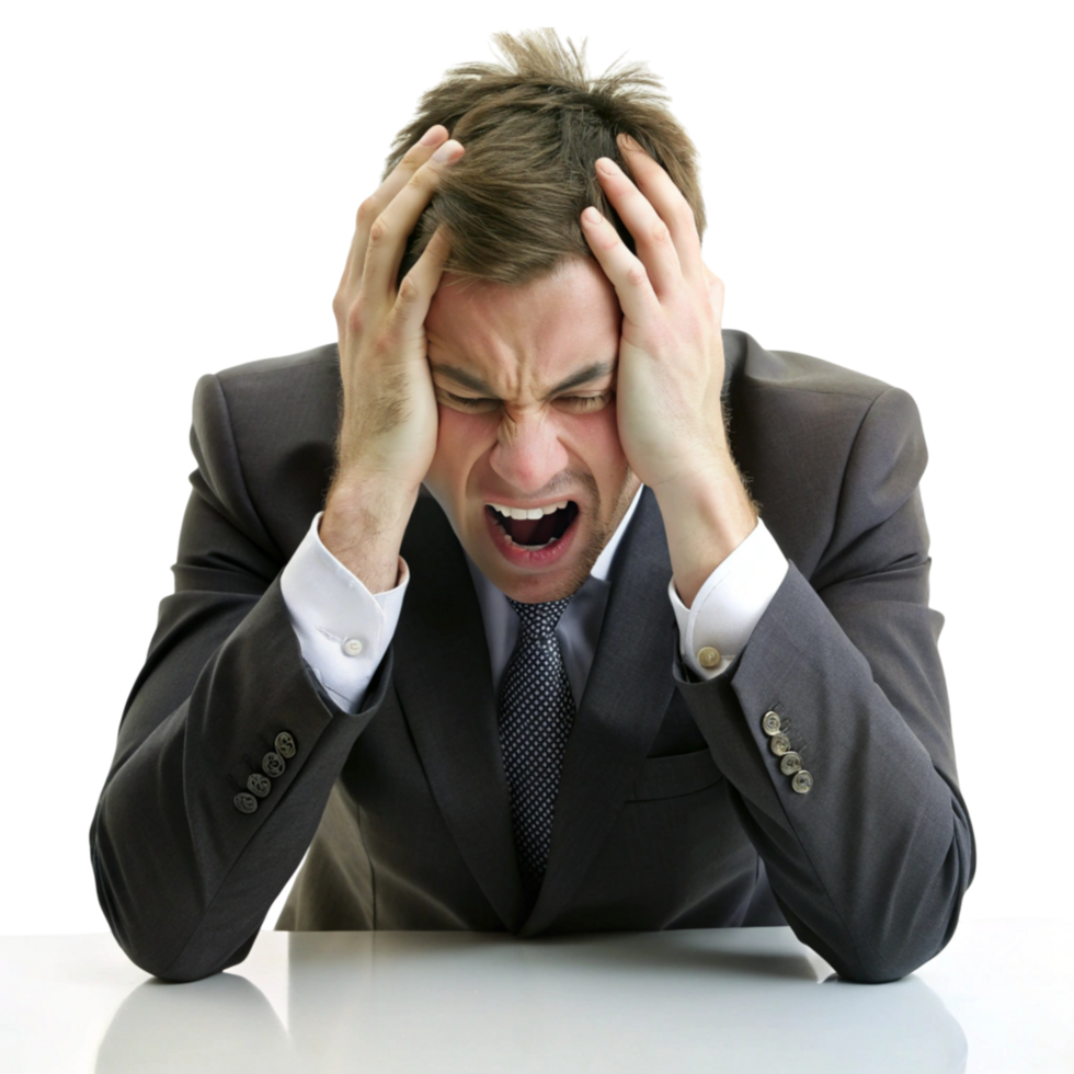 Frustrated businessman with hands on his head, shouting in frustration and feeling overwhelmed by stress and pressure png