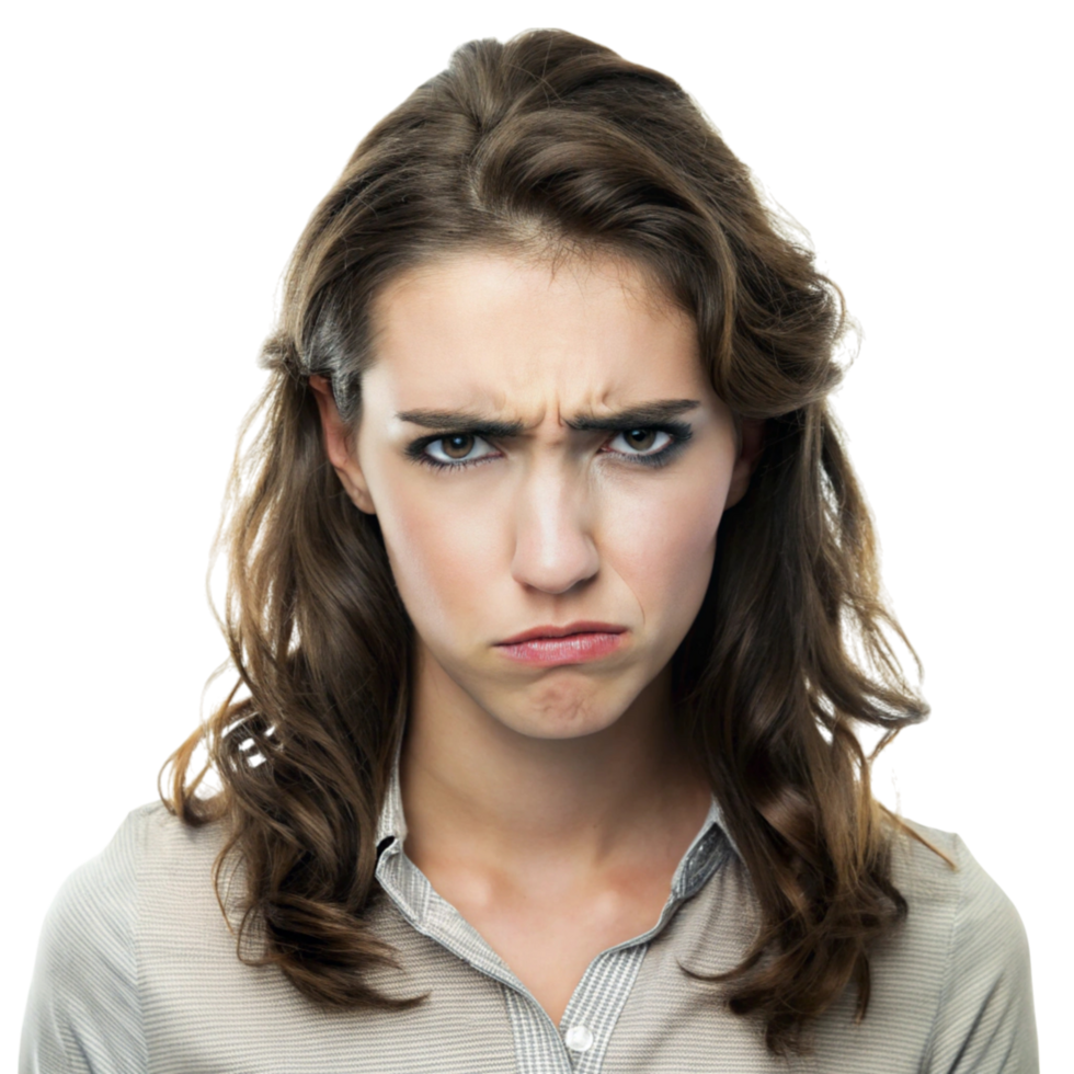 Angry young woman frowning intensely, displaying frustration and jealousy with a displeased expression png