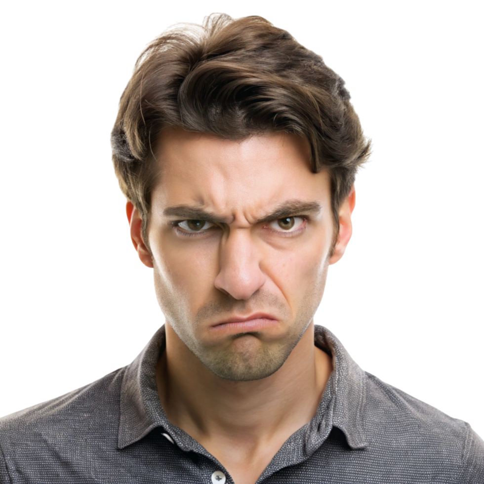 Jealous man with a tense, furrowed expression, clearly upset and expressing her displeasure and frustration png