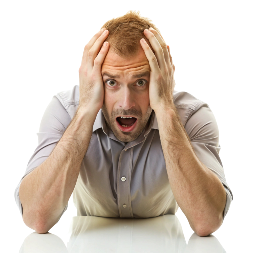 Exhausted businessman with hands on his head, reacting in despair to high pressure and overwhelming work demands png