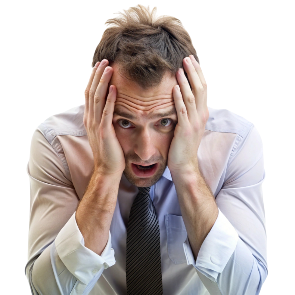 Overwhelmed professional man in a suit, holding his head and screaming in frustration, symbolizing workplace burnout png