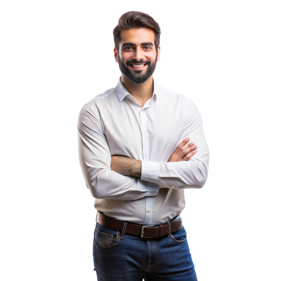 Confident young man with arms crossed, smiling proudly in a professional pose, expressing self assurance and success png