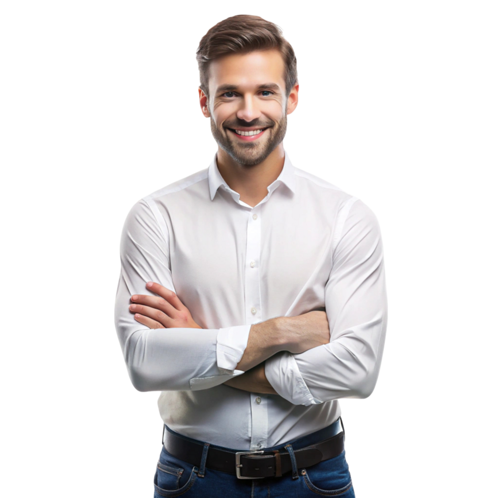 Smiling man standing with arms crossed, looking confident and accomplished, symbolizing pride and success png