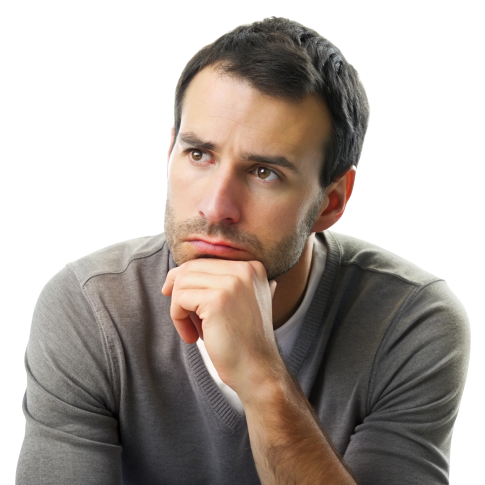 Pensive man resting his chin on his hand, staring thoughtfully into the distance, lost in deep thought png