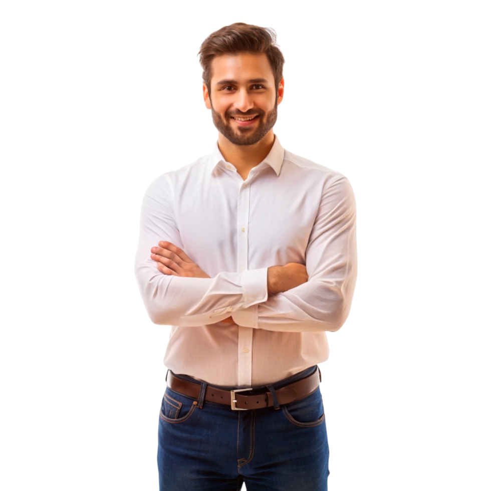 Happy man with arms crossed, confidently smiling, showing pride and a positive attitude in a professional look png