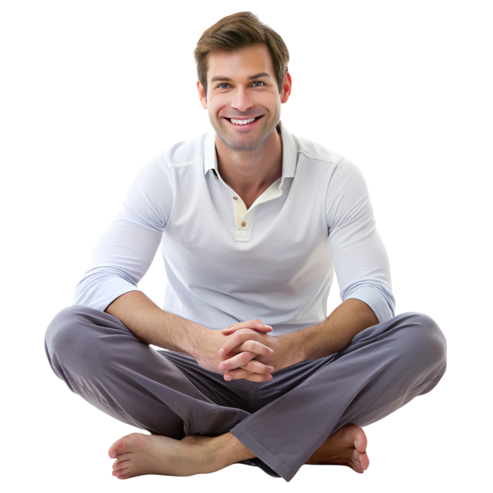 Casual man sitting with his hands behind his head, smiling and feeling at ease, showing relaxation and happiness png