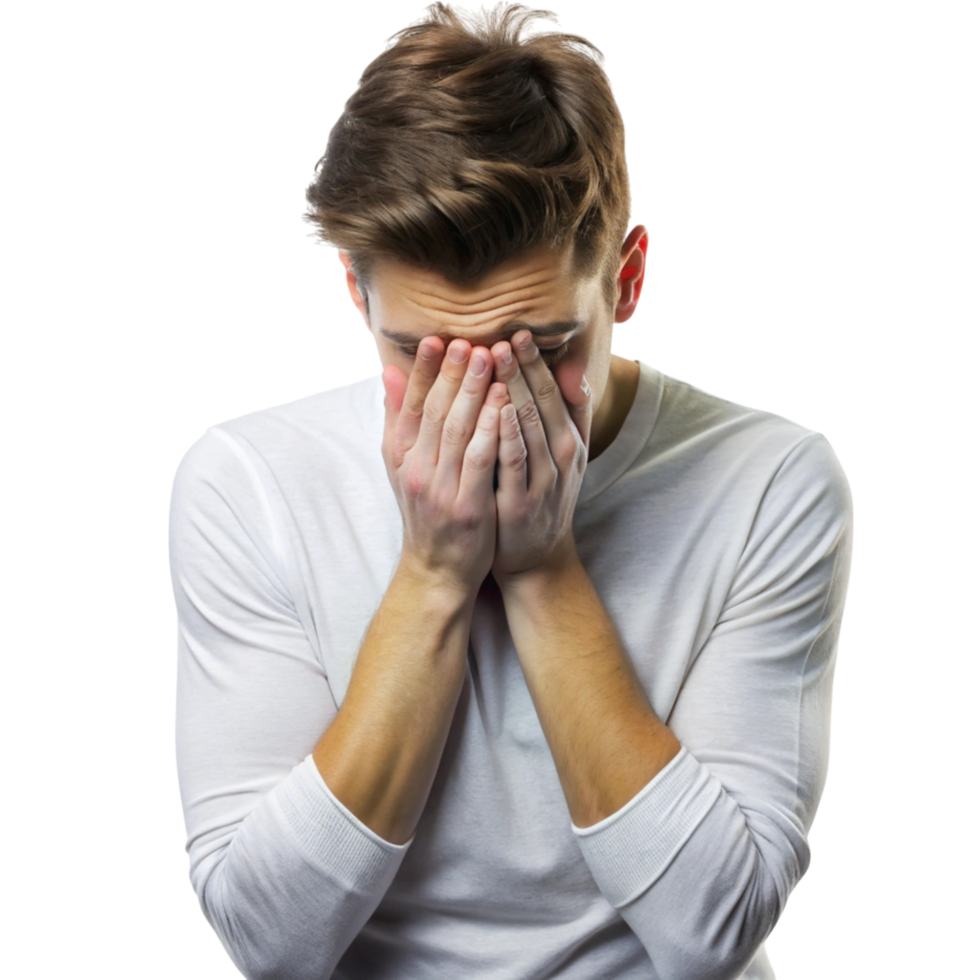 Thoughtful young man with a sad expression, leaning on his hand, contemplating feelings of remorse and regret png