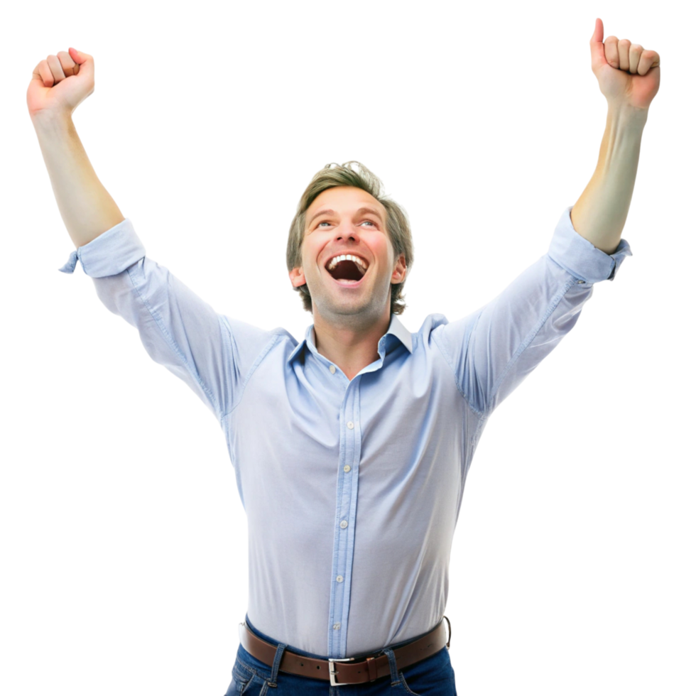 Cheerful man celebrating success, raising his arms and smiling joyfully, symbolizing accomplishment png