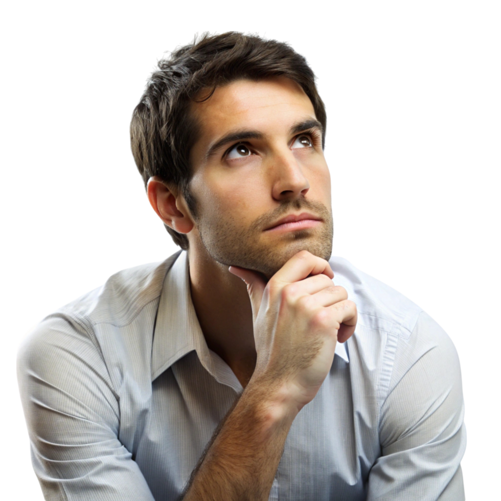 Thoughtful young man looking upward with hand on chin, deep in contemplation, reflecting on a serious matter png