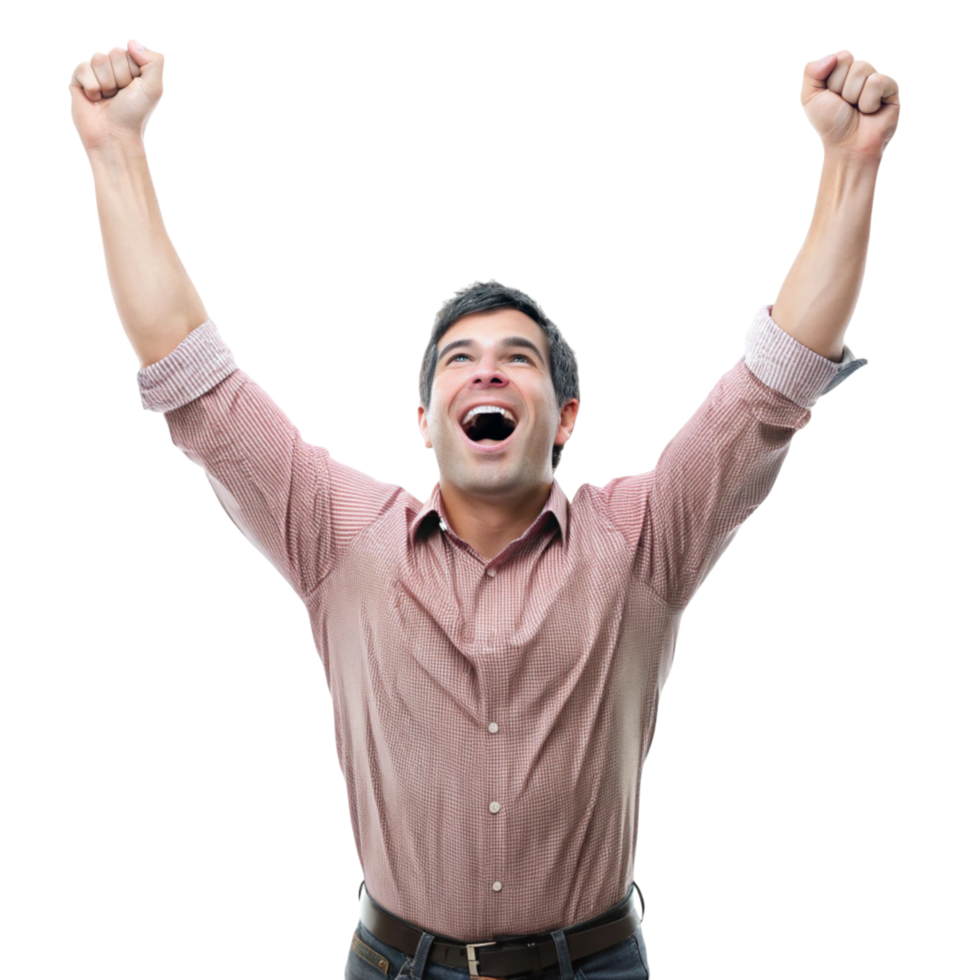 Excited man with arms raised in triumph, expressing joy and success in a moment of victory png