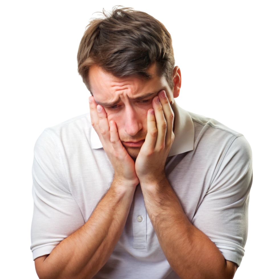 Sad man resting his head on his hand, showing deep regret and emotional distress in a close up portrait png