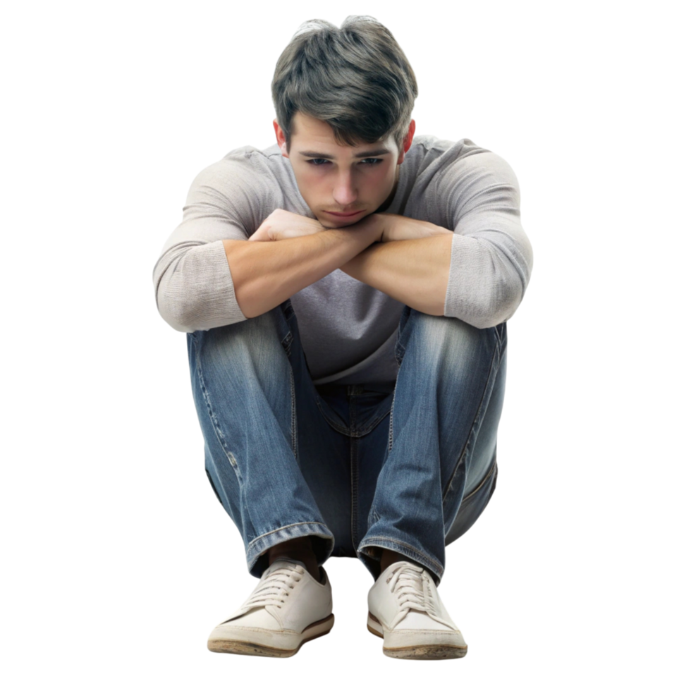 Depressed man crouched down, looking lost in thought with his arms crossed over his knees, expressing sadness and loneliness png