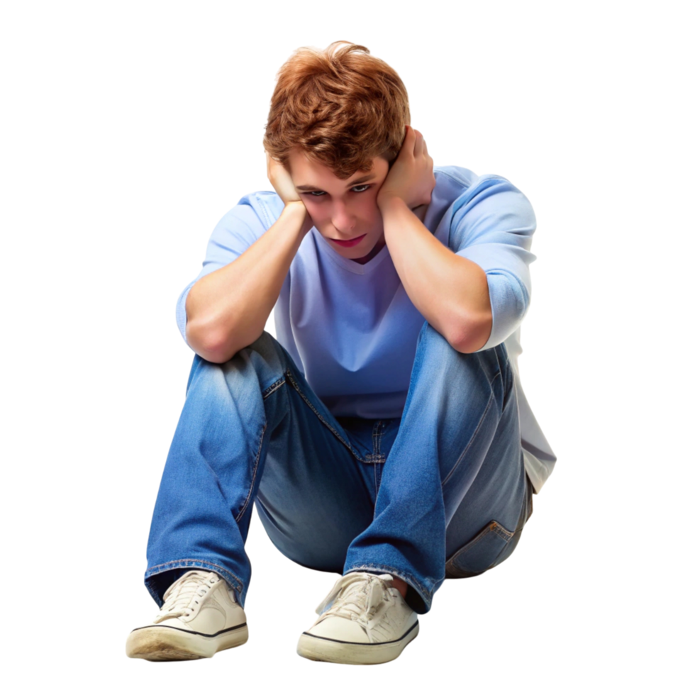 Isolated and pensive young man sitting on the ground, reflecting on personal struggles and feelings of sadness and hopelessness png