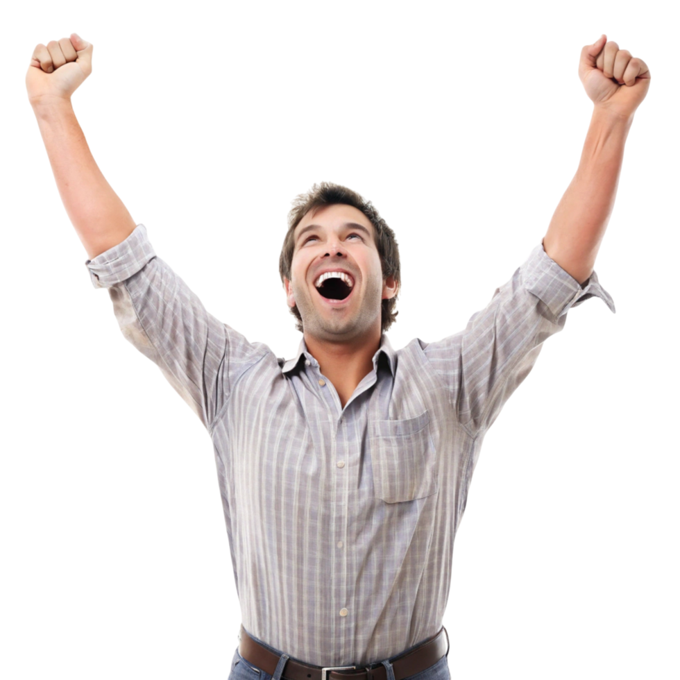 Young man with an ecstatic expression, lifting his arms in celebration and feeling proud of his achievement png