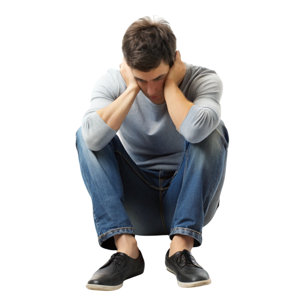 Sad young man sitting on the floor with his head resting on his hands, showing deep sorrow and emotional distress png