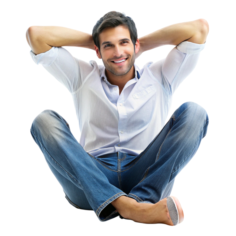 Happy young man sitting barefoot on the floor, smiling with a laid back posture, expressing peace and contentment png