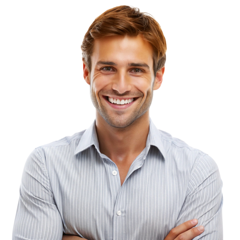 Confident and successful man smiling brightly, expressing joy and satisfaction in a professional setting png