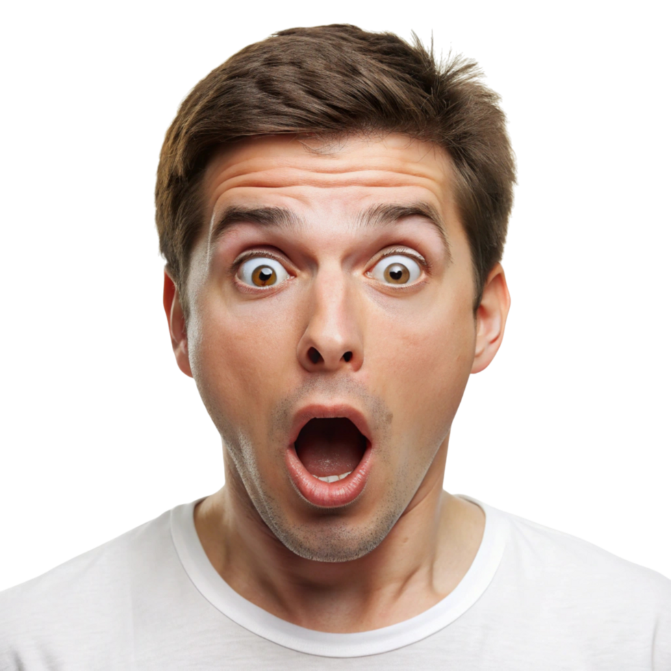 Young man reacting to an unexpected event, showing a shocked and wide eyed facial expression in a close up image png