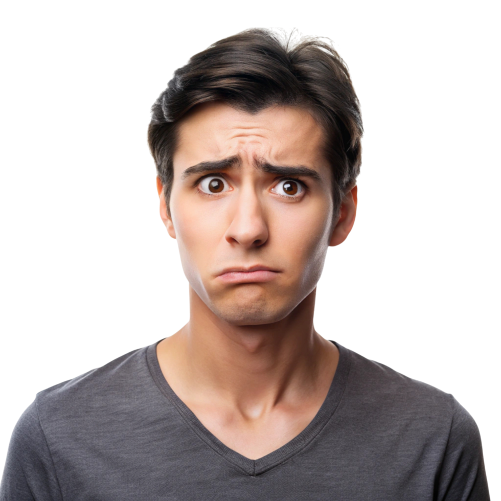 Young man with a confused, skeptical expression, eyebrows raised and lips pursed, showing doubt and uncertainty png