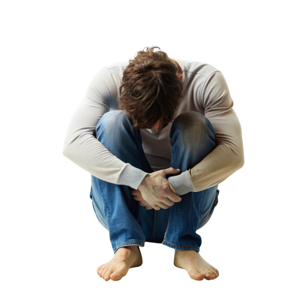 Depressed man seated on the ground, clasping his hands over his head, expressing emotional distress and hopelessness png