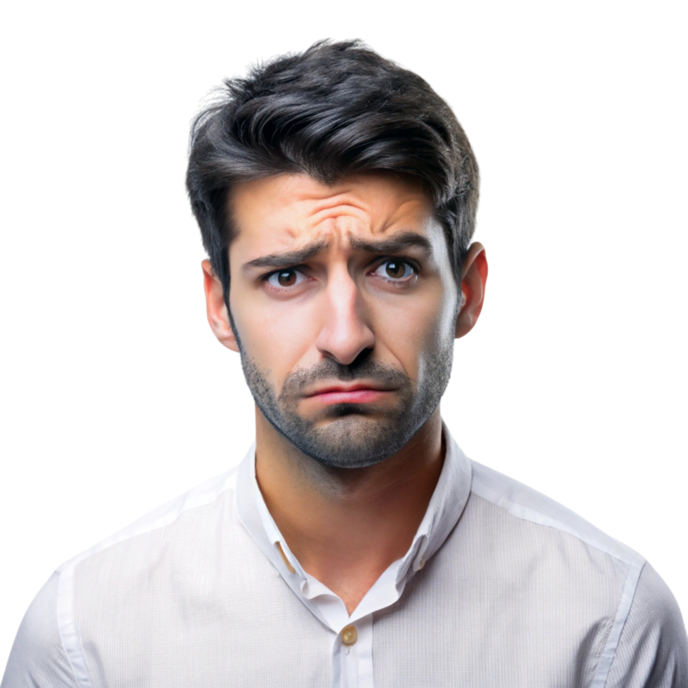 Unsure and doubtful young man, furrowing his brow, showing hesitation and confusion in a straightforward portrait png