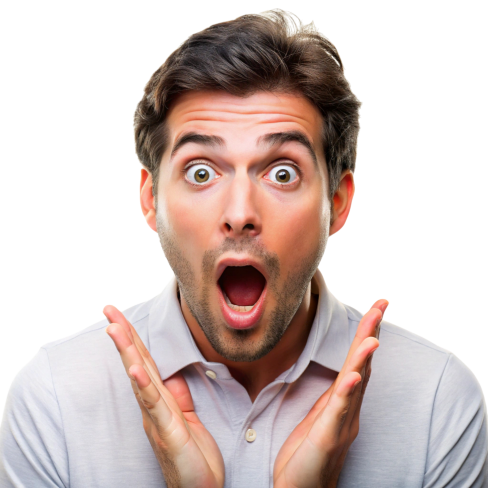 Shocked young man with wide eyes and open mouth, expressing surprise and astonishment in a close up portrait png
