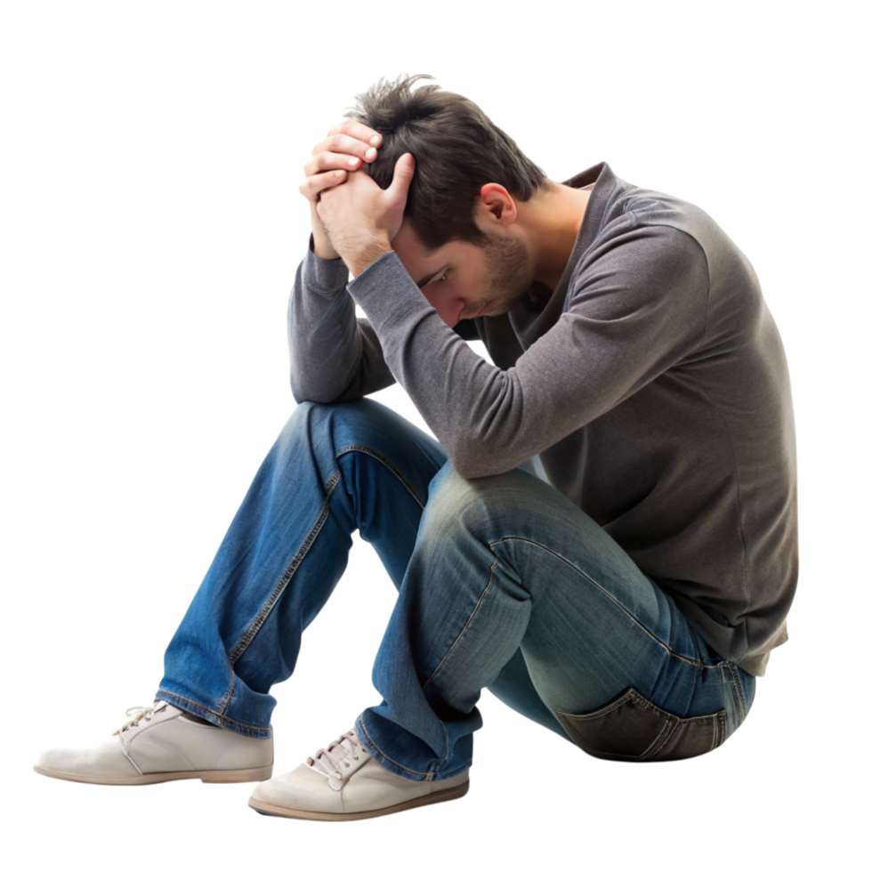Sad young man sitting on the floor, holding his head in his hands, showing deep frustration and vulnerability in isolation png