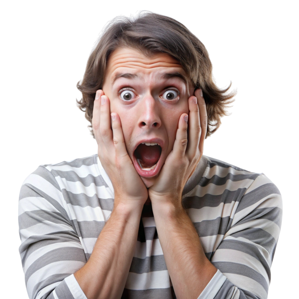 Frightened young man with wide eyes and mouth open, holding his face in shock and fear, displaying an exaggerated scared expression png