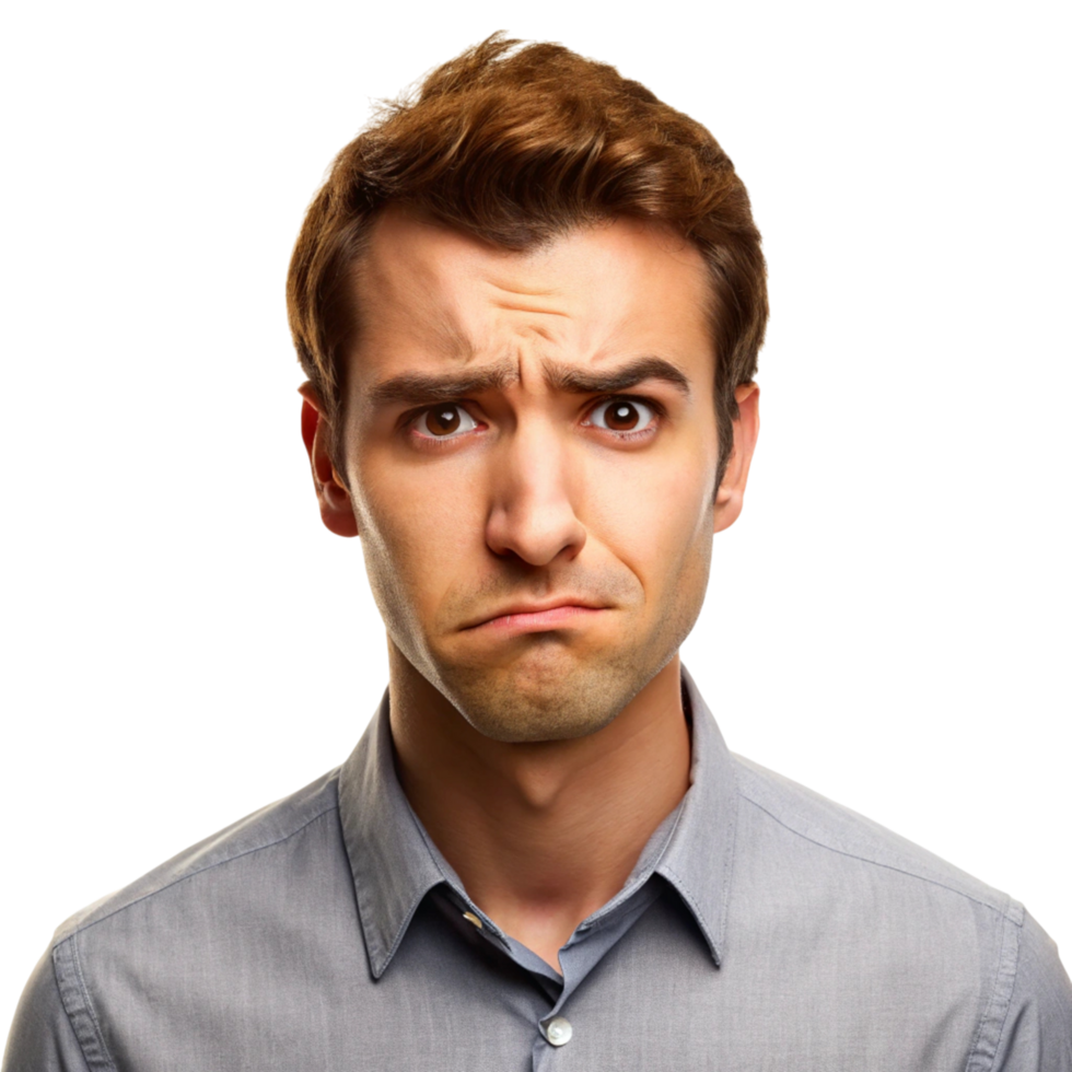 Portrait of a man with a confused, questioning facial expression, displaying skepticism and hesitation in a close up shot png