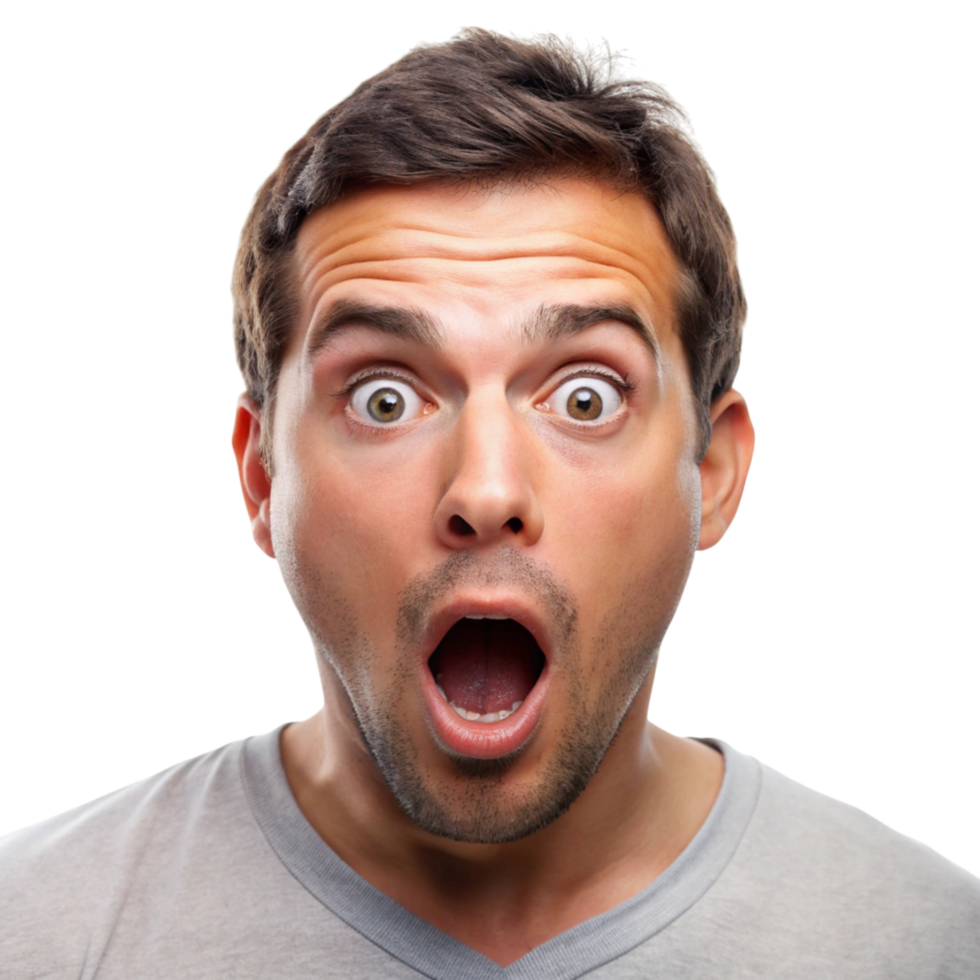 Shocked young man with wide eyes and open mouth, expressing disbelief and surprise in a close up portrait png
