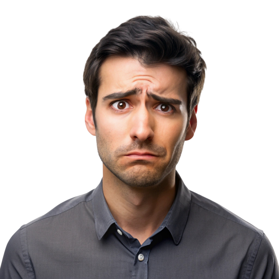 Skeptical man looking directly at the camera, expressing doubt and concern with a furrowed brow and uncertain gaze png