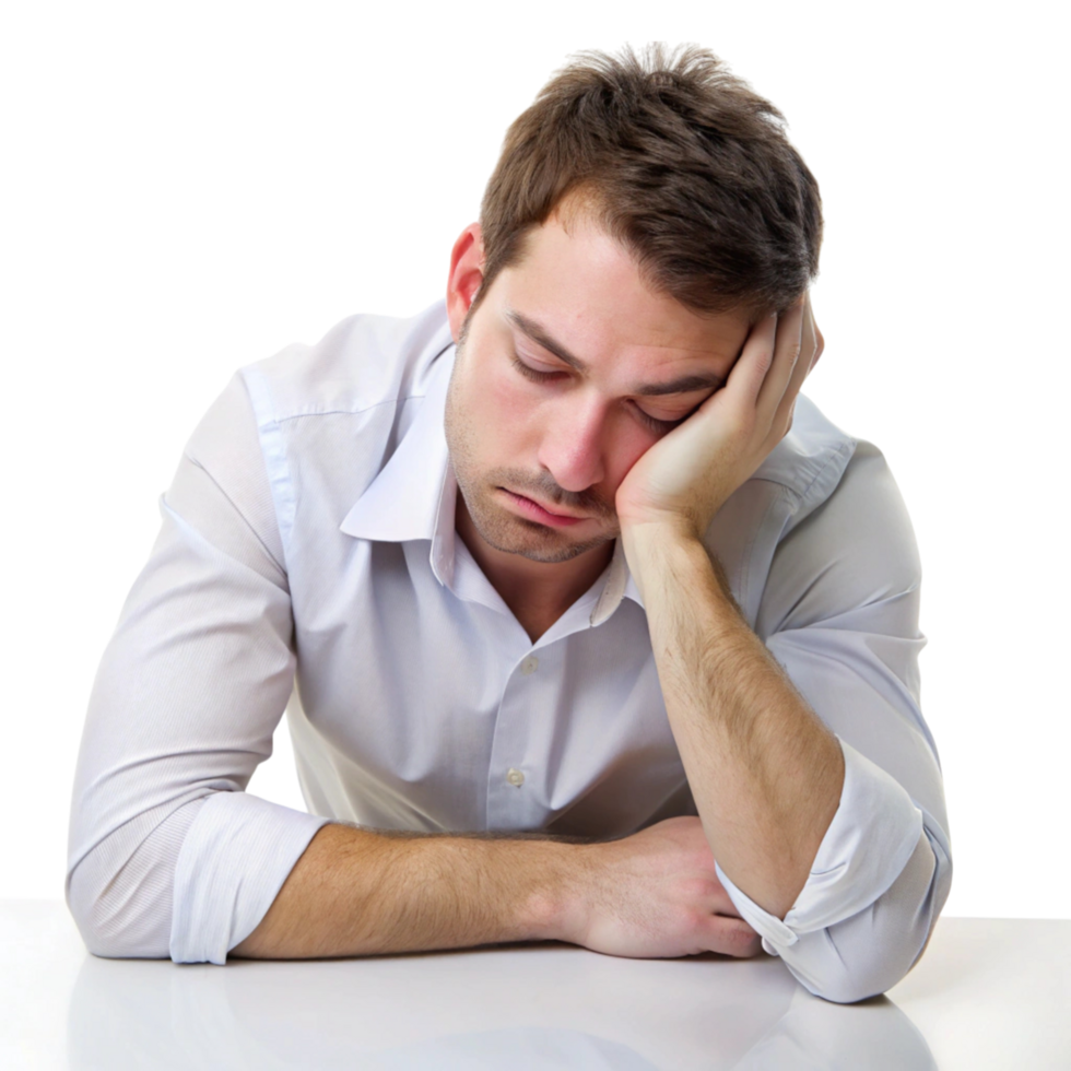Sleepy man resting his head on the table, expressing physical and mental exhaustion during a long, stressful day png