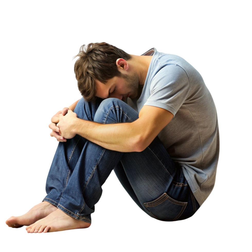Despondent male sitting with his head down, showing signs of stress, sadness, and emotional exhaustion in a vulnerable moment png